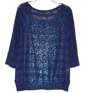 FANG Navy Shadow Striped 3/4 Sleeve Sweater, XL